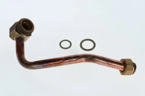 Kupferverbindungsrohr von Bosch mit einer gebogenen Form und zwei Dichtungsringen in der Mitte, zur Verbindung von Rohrleitungen in Heizungsanlagen.